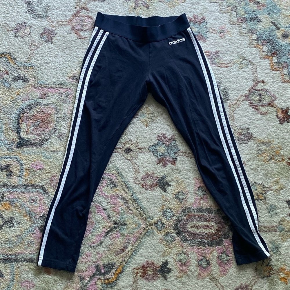 Adidas Navy and White Leggings with Classic Stripes